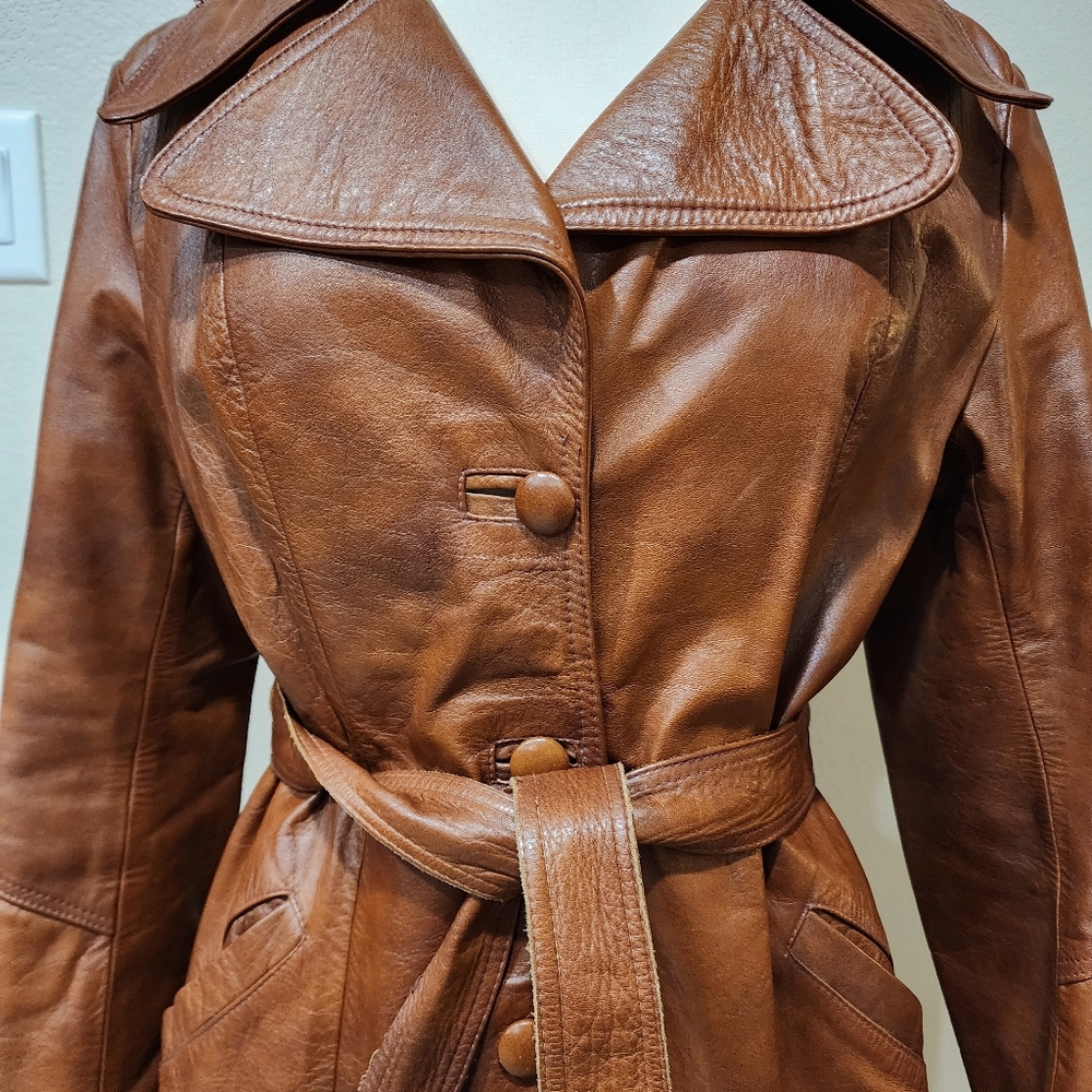 Vintage Leather Trench Coat Full Length 70s Genuine Cognac Leather size Medium - Picture 3 of 16